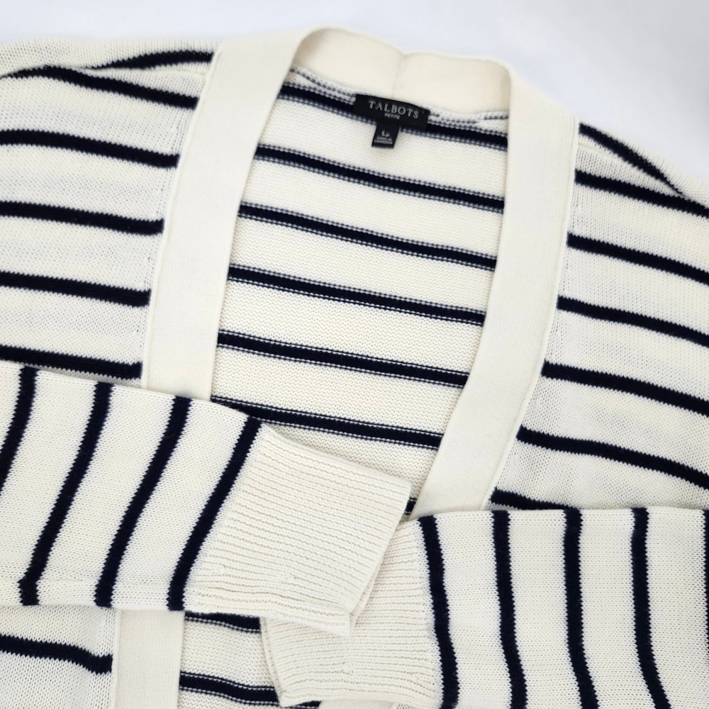 Talbots Womens Cream Navy Nautical Stripe Cardigan Size LP Preppy Euro Summer‎